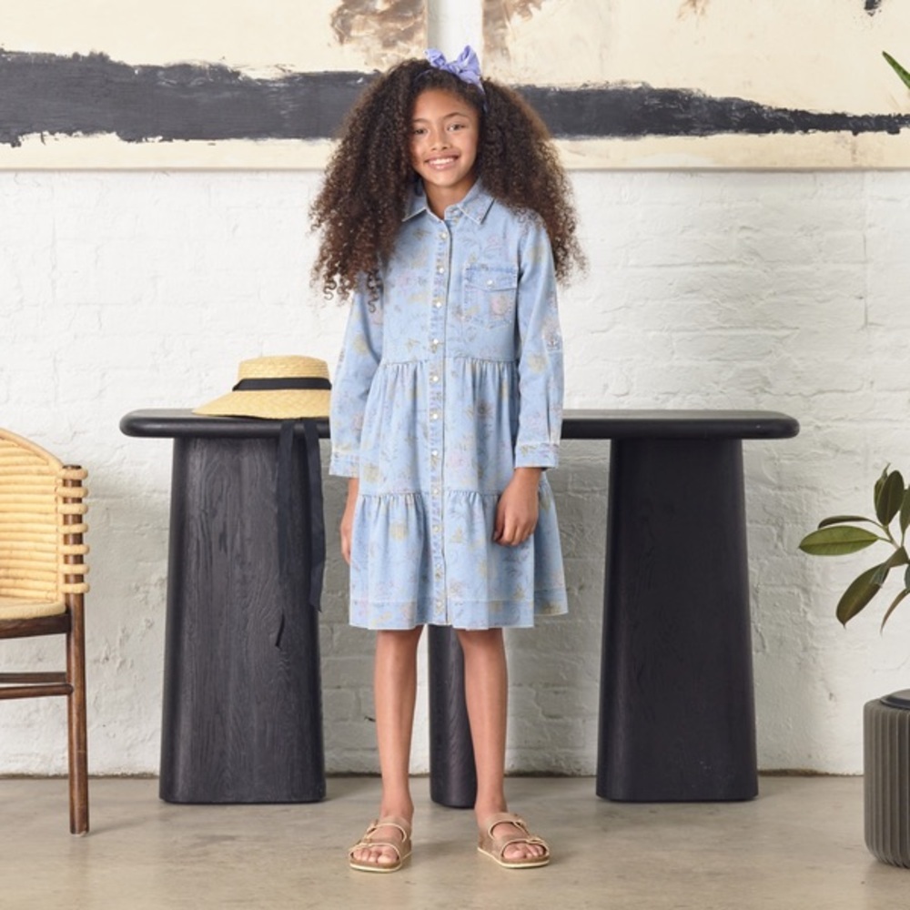 Porter- Light Blue Denim Purple Tan Floral Print Dress